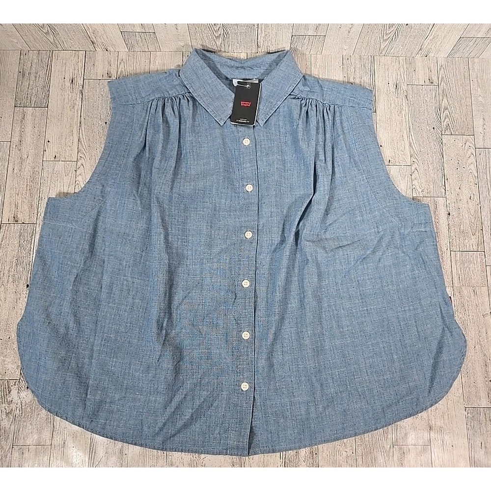 Levi's Womens Shirt LARGE Sleeveless Regular Fit Button Down Blue NEW